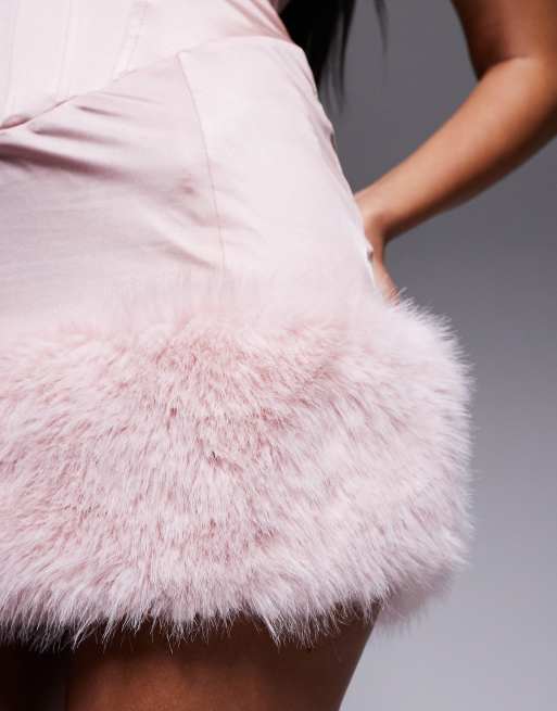 Oh Polly satin square neck corset faux fur trim mini dress in light pink |  ASOS