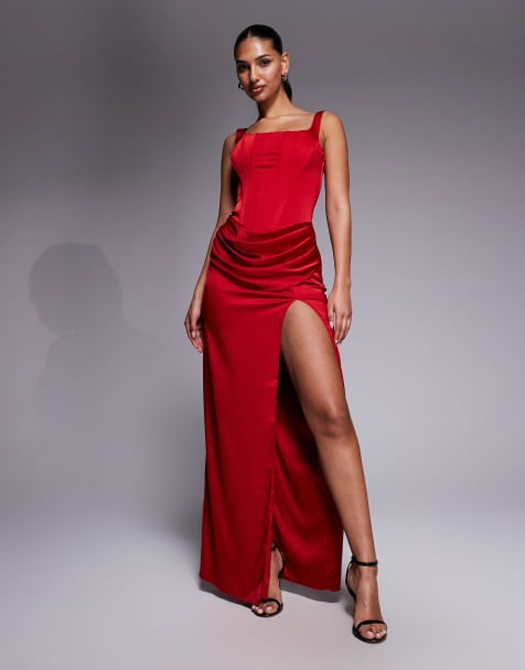Oh Polly satin square neck corset maxi dress in red - view 1