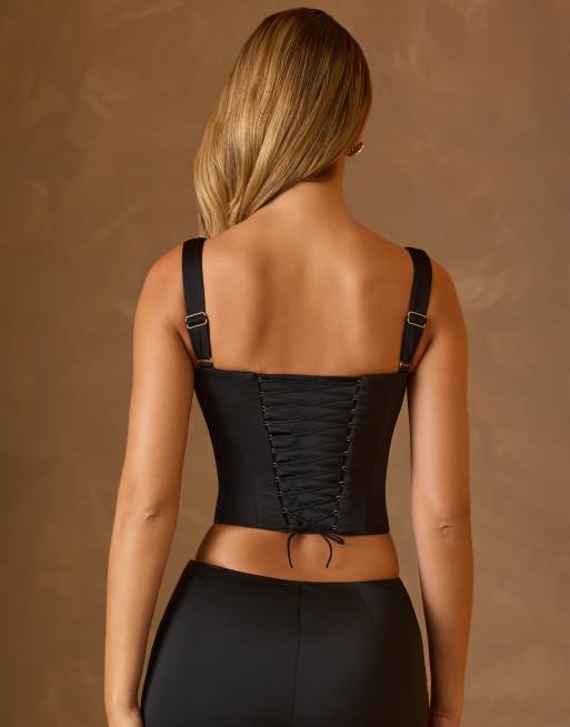 Oh Polly satin square neck corset top in black, 3 of 4