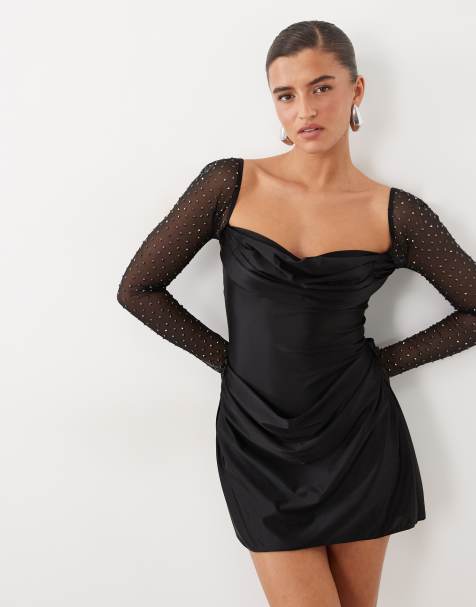 Oh Polly satin sweetheart drape detail mini dress with embellished sleeves detail in black - view 1