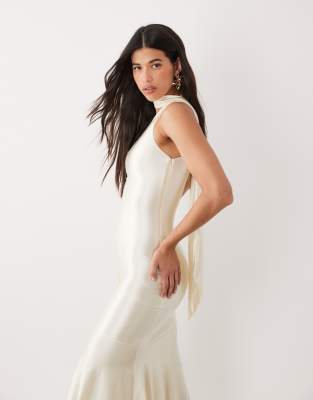 Oh Polly Satin Tie Neck Detail One Shoulder Asymmetric Maxi Dress In White