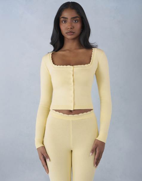 Oh Polly scallop edge long sleeve cardigan in butter yellow - part of a set - view 1