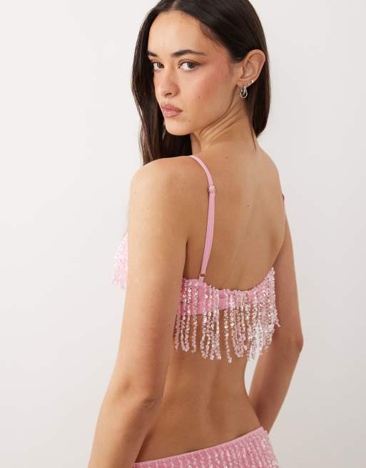 Oh Polly scoop neck embellished bralet in pink - part of a set, 4 of 4