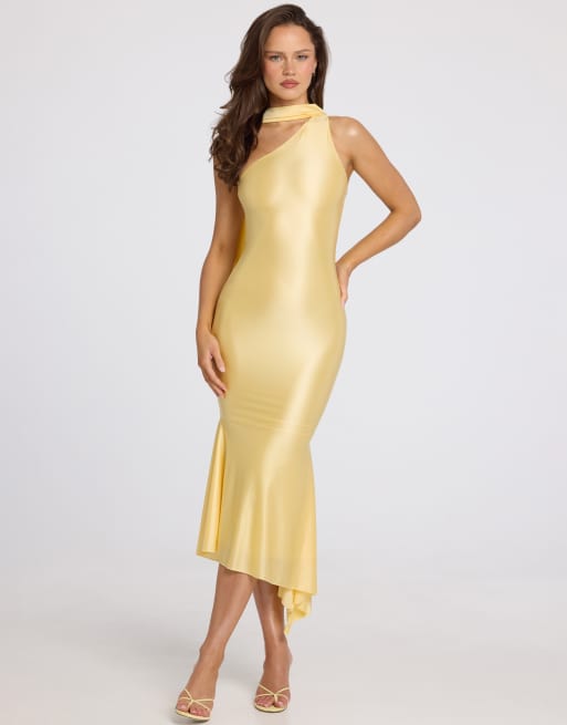 oh polly gold satin dress Asymmetric Scarf-Detail Midaxi in Butter Yellow - 8 elegant satin gown