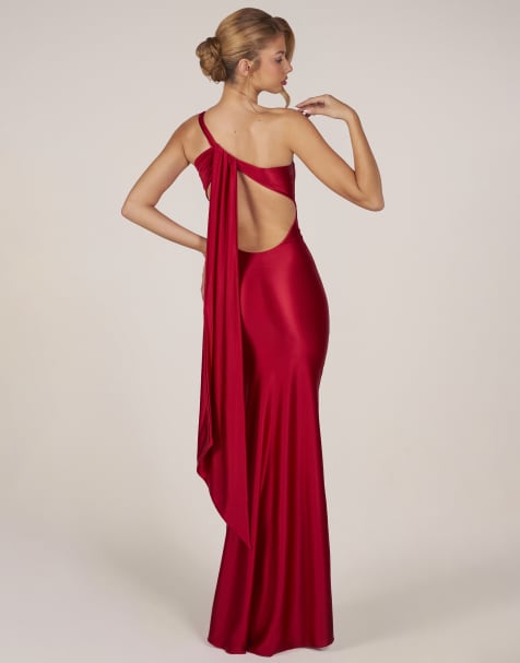 Oh Polly sculpted slinky one shoulder tie back detail gown in red  - view 1
