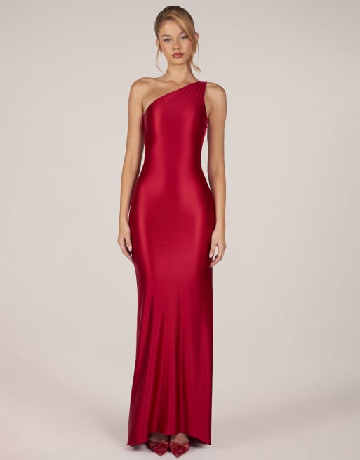 Oh Polly sculpted slinky one shoulder tie back detail gown in red , 2 of 4