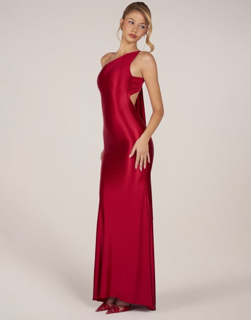 Oh Polly sculpted slinky one shoulder tie back detail gown in red , 4 of 4