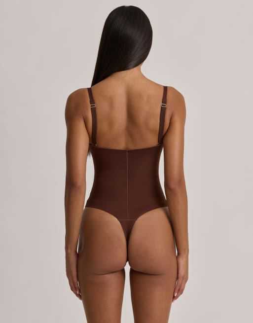 Oh Polly sculpting plunge v-neck G-string bodysuit in chocolate, 4 of 4