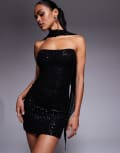 [Oh Polly] Oh Polly sequin bandeau mini dress with scarf neck in black 10 BLACK