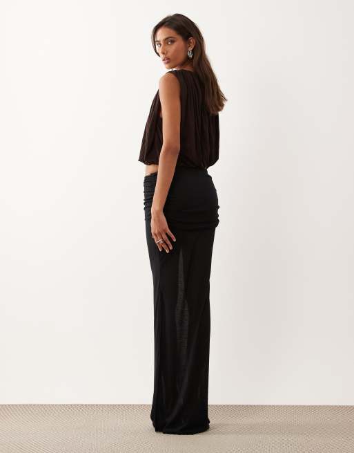 Oh Polly sheer jersey low rise draped maxi skirt in black, 5 of 5