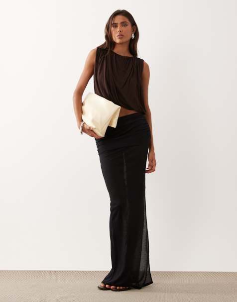 Oh Polly sheer jesery low rise draped maxi skirt in black - view 1
