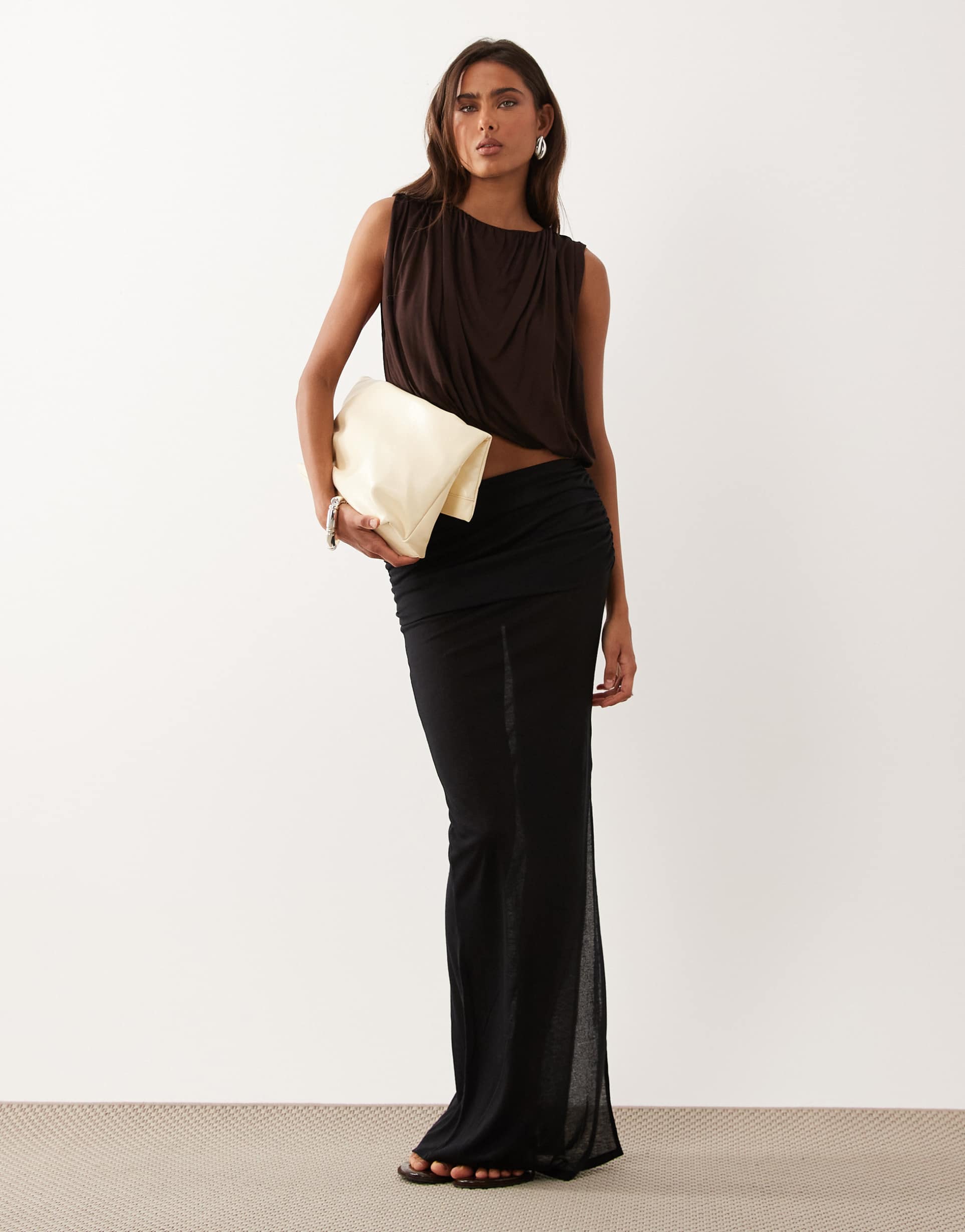 oh polly sheer jesery low rise draped maxi skirt in black