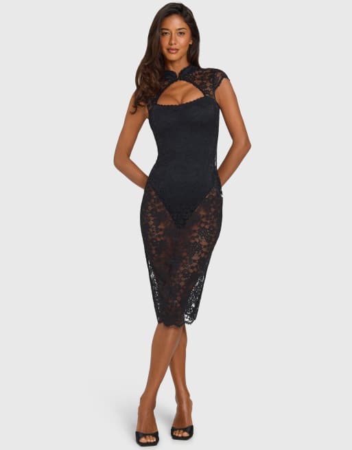 Oh Polly sheer lace mandarin collar cap sleeve in-built bodysuit midi dress in black