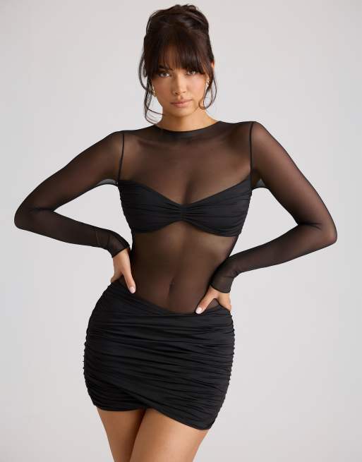 Oh Polly sheer long sleeve panelled mini dress in black, 2 of 4