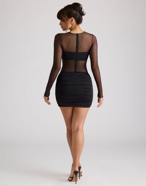 Oh Polly sheer long sleeve panelled mini dress in black, 4 of 4