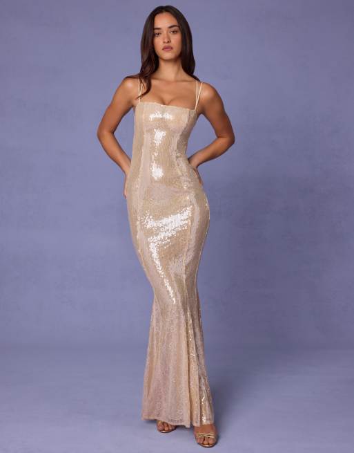 Oh Polly Sima embellished maxi dress in pale peach, 3 of 4