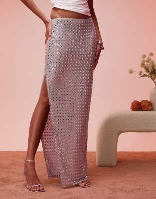 Oh Polly Siona Embellished Maxi Skirt In Silver