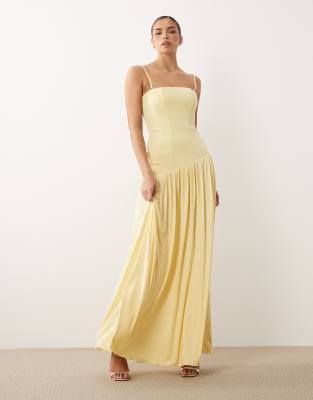 Oh Polly Slinky Asymmetric Detailed Corset Maxi Dress In Yellow