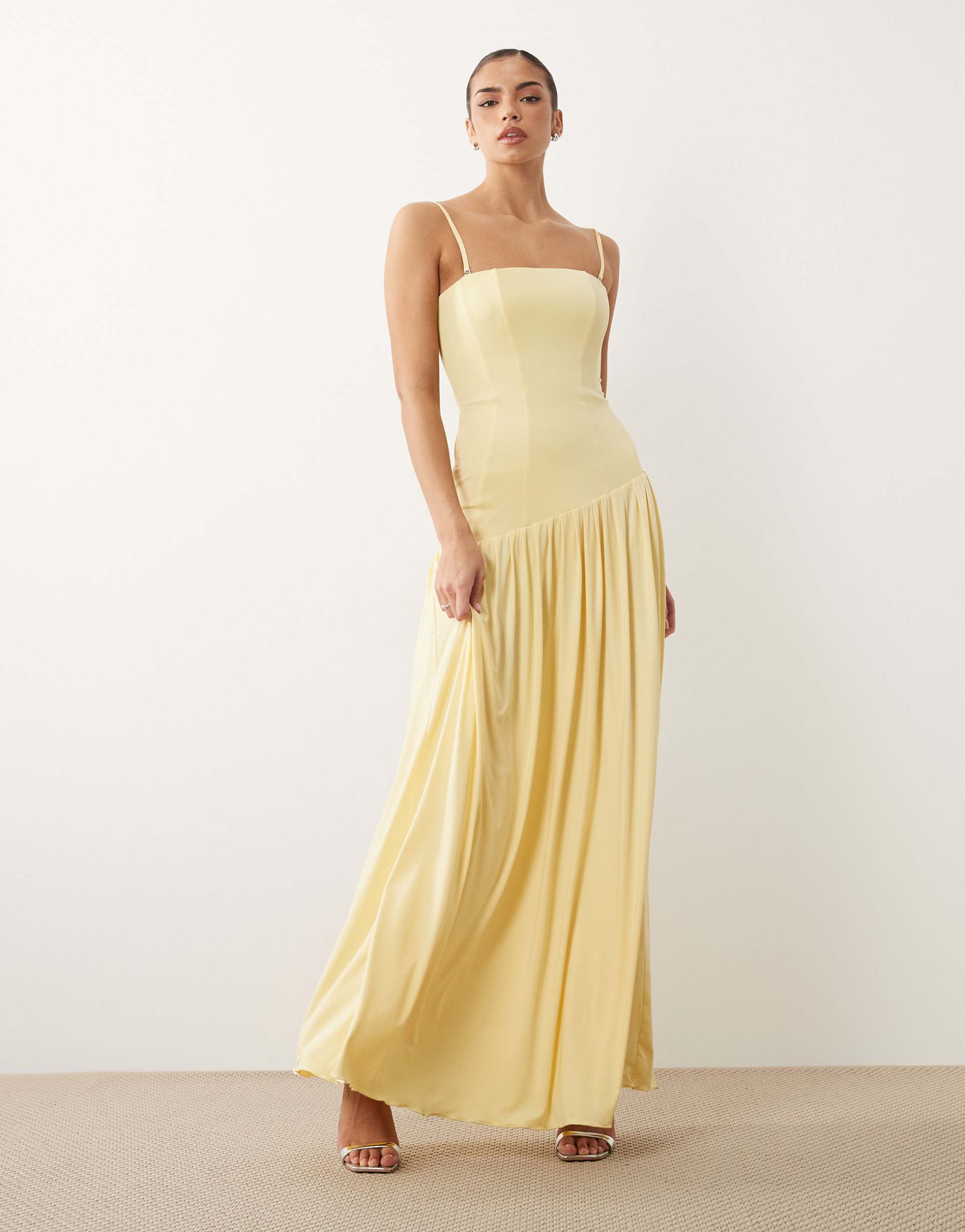 oh polly slinky asymmetric detailed corset maxi dress in butter yellow