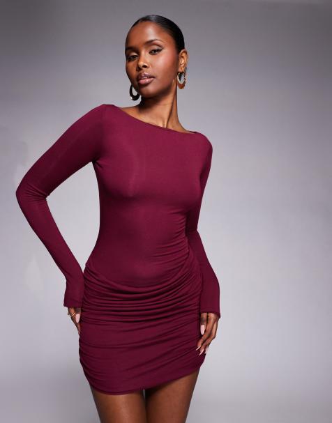 Oh Polly slinky boat neck long sleeve ruched skirt mini dress in wine