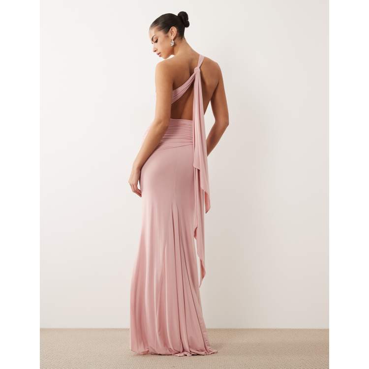 Oh Polly slinky draped detailing one shoulder open tie back maxi dress in  blush pink | ASOS