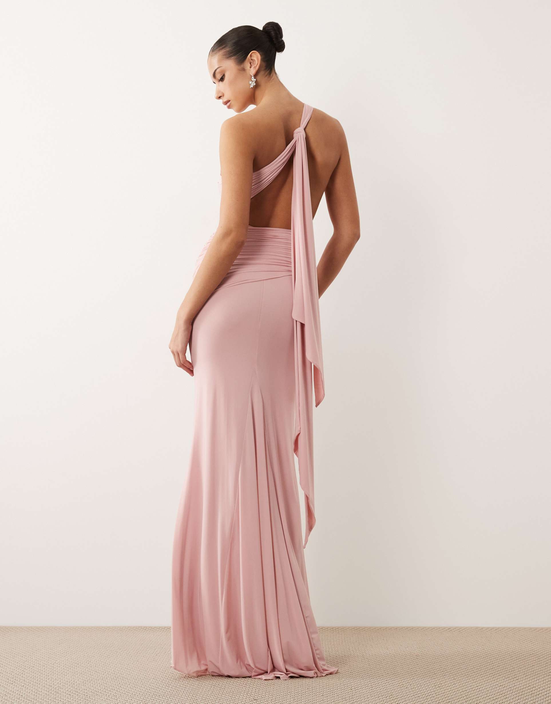 oh polly slinky draped detailing one shoulder open tie back maxi dress in blush pink