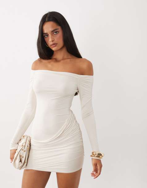 Oh Polly slinky off shoulder drape detail mini dress in white - view 1