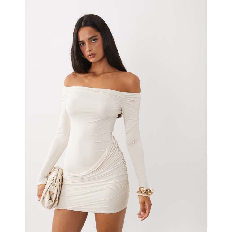 Oh Polly slinky off shoulder drape detail mini dress in white