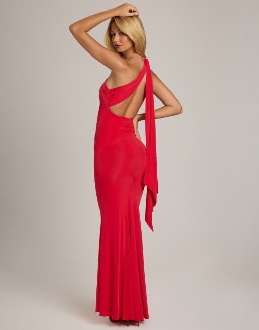 Oh Polly slinky one shoulder asymmetric tie back detail maxi dress in red, 3 of 4