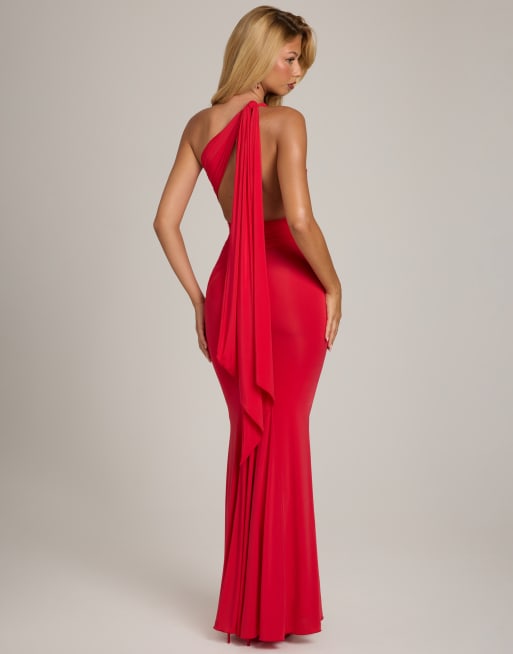 Oh Polly slinky one shoulder asymmetric tie back detail maxi dress in red, 4 of 4