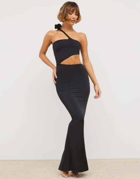 Oh Polly slinky one shoulder cut out detail maxi dress in black - view 1