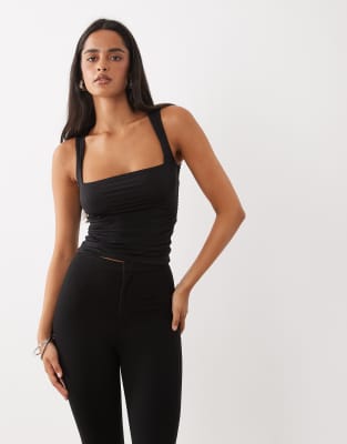 Oh Polly Soft Jersey Square Neck Sleeveless Top In Black