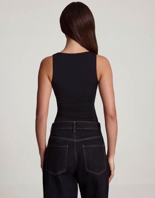 Oh Polly soft jersey square neck sleeveless top in black, 3 of 4