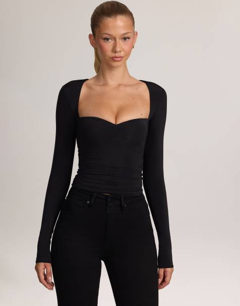 Oh Polly soft jersey sweetheart ruched long sleeve top in black