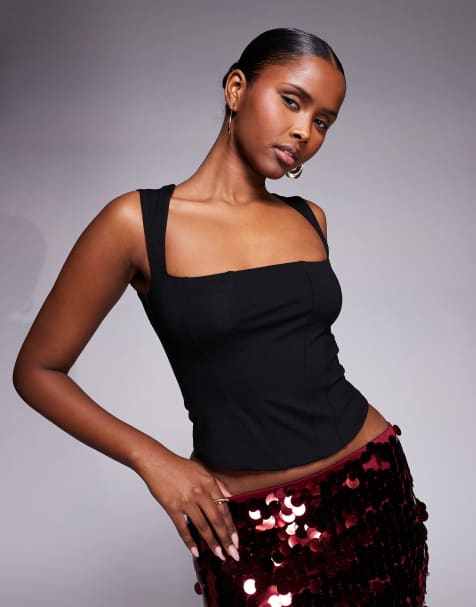 Oh Polly square neck jersey corset top in black - view 1