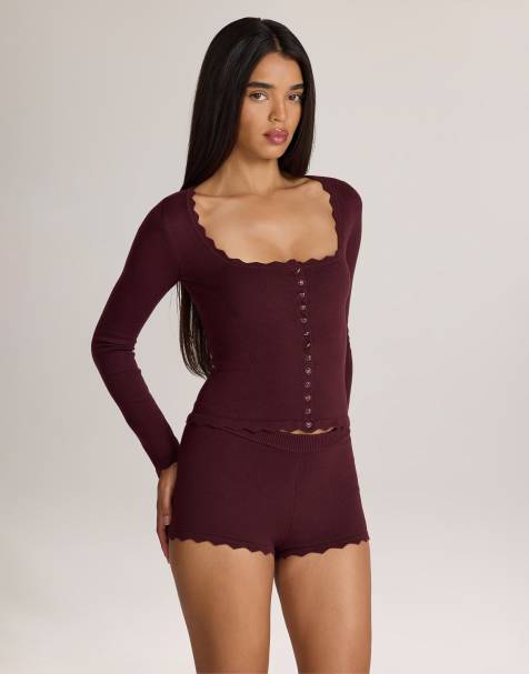 Oh Polly square neck scalloped edge long sleeve cardigan in chocolate - view 1