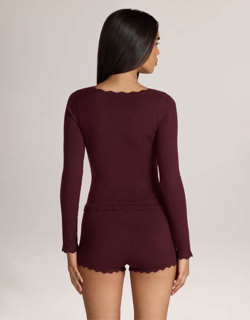 Oh Polly square neck scalloped edge long sleeve cardigan in chocolate, 3 of 4