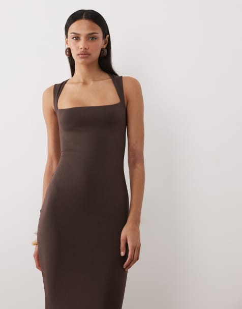 Oh Polly square neck slinky midi dress in chocolate - view 1