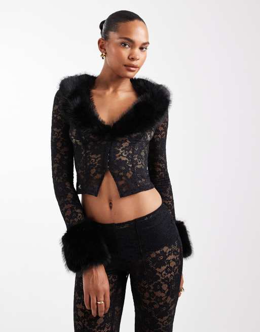 Oh Polly stretch lace cardigan with faux fur trims in black (part of a set)