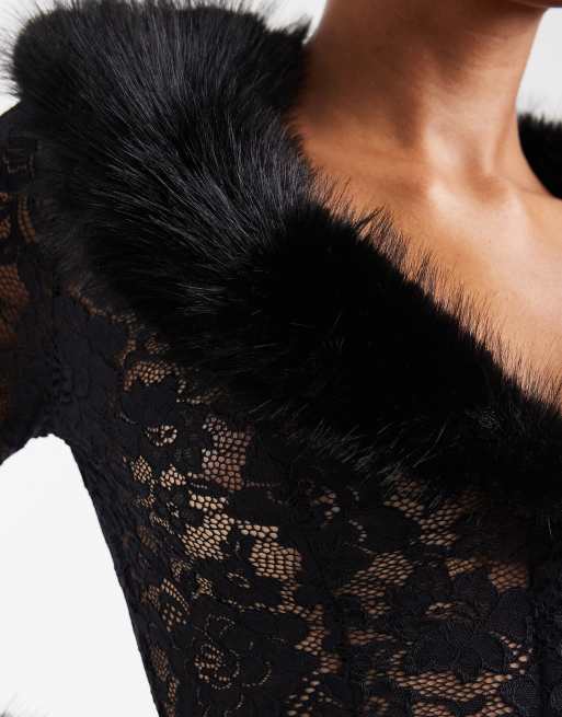 Oh Polly stretch lace cardigan with fur trims co-ord in black, 2 of 4