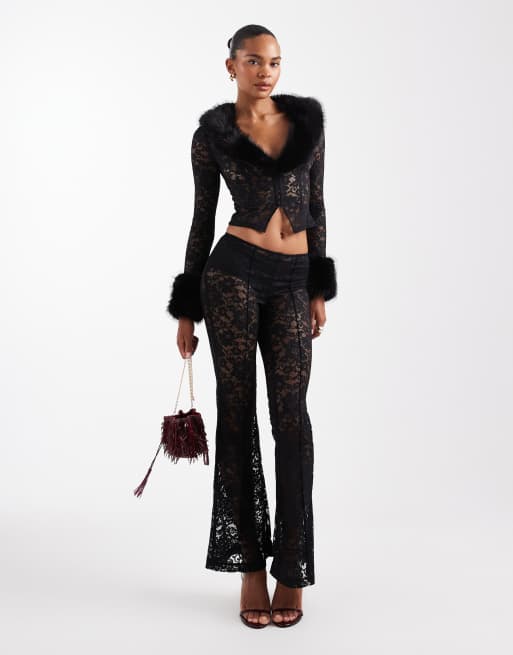 Oh Polly stretch lace cardigan with fur trims co-ord in black, 3 of 4