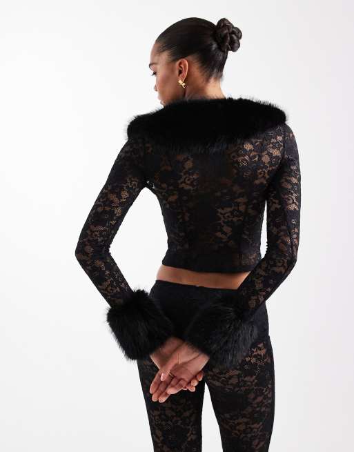 Oh Polly stretch lace cardigan with fur trims co-ord in black, 4 of 4