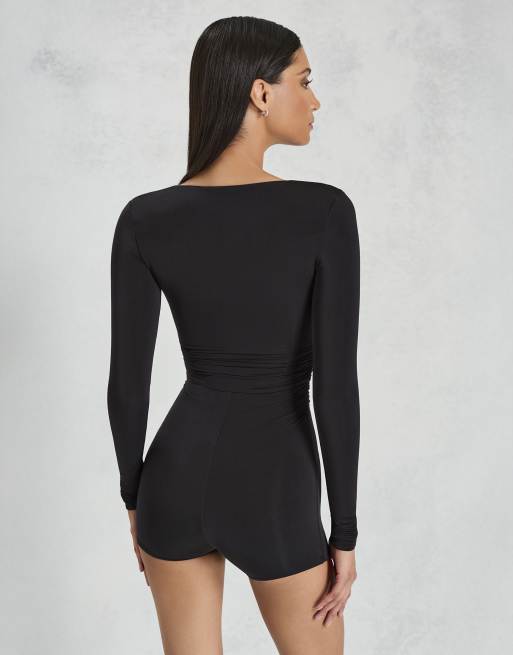 Oh Polly sweetheart long sleeve playsuit in black, 4 of 4