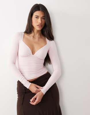 Oh Polly sweetheart neckline long sleeve top in light pink pink