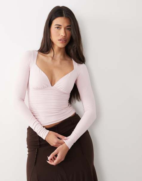 Oh Polly sweetheart neckline long sleeve top in light pink - view 1