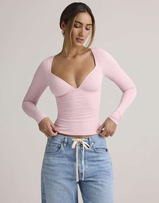 Oh Polly sweetheart neckline long sleeve top in light pink, 2 of 4