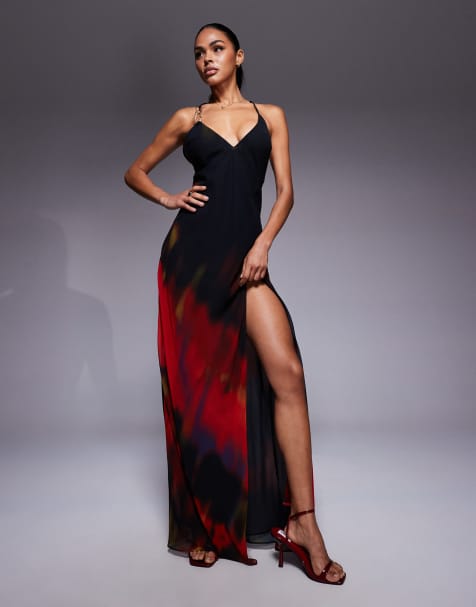 Oh Polly thigh split chiffon maxi dress in red blurred print - view 1