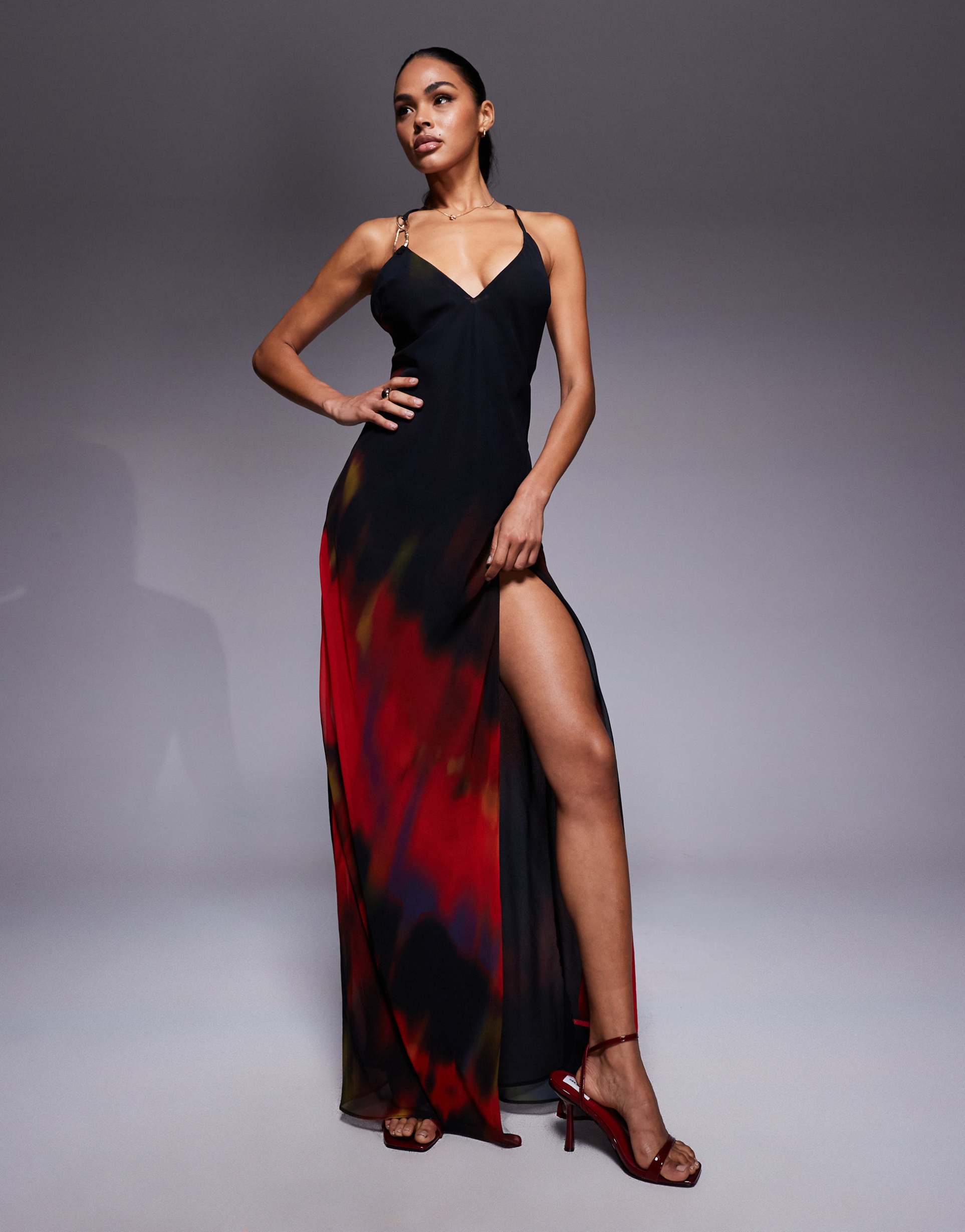 oh polly thigh split chiffon maxi dress in red blurred print