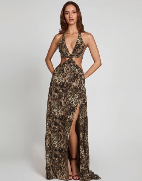Oh Polly tie detail leg slit maxi dress in leopard - view 1