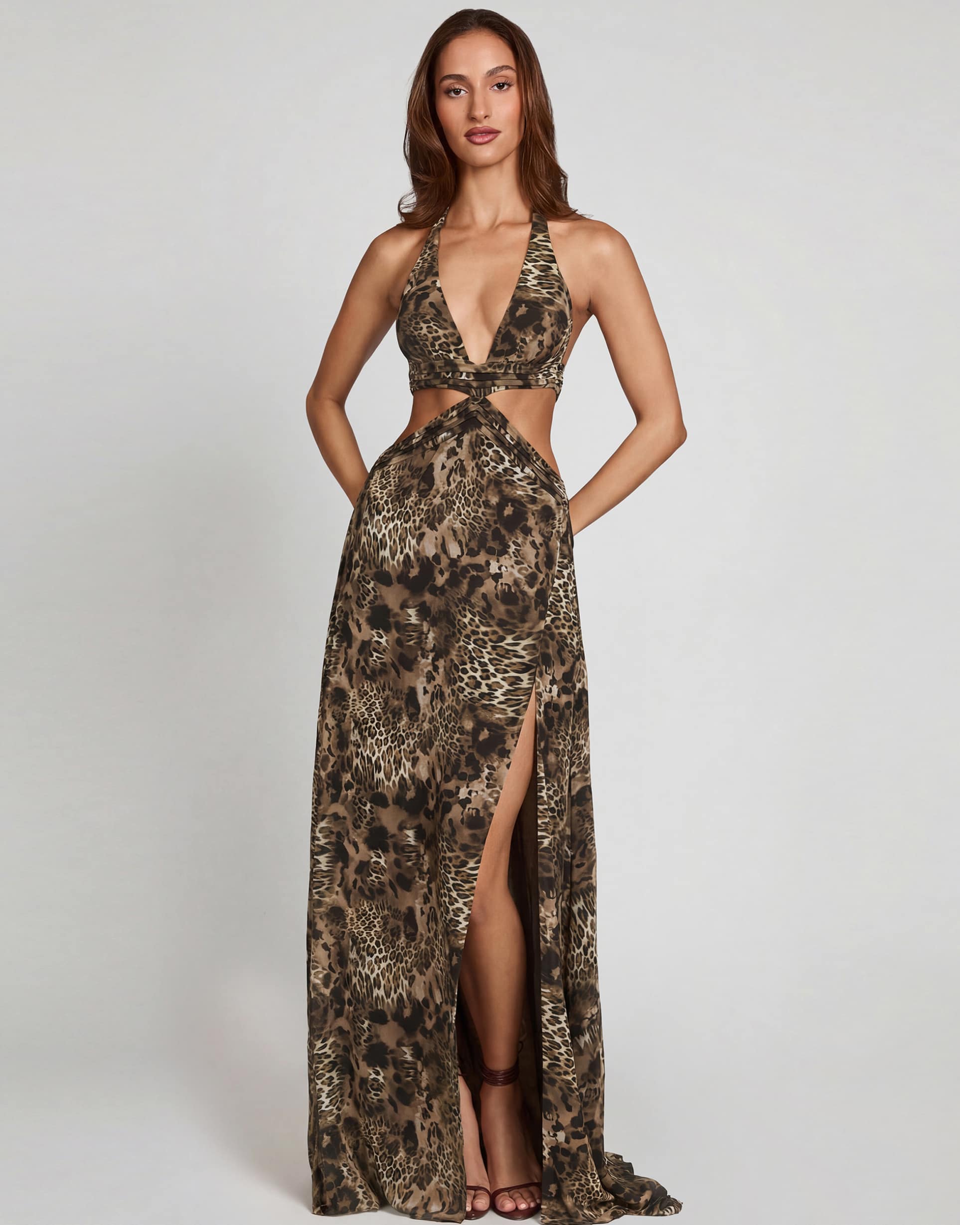 oh polly tie detail leg slit maxi dress in leopard